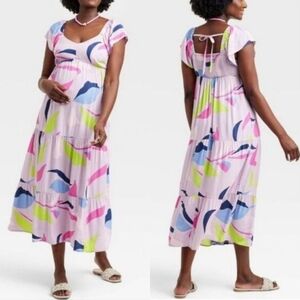 Isabel Maternity Ingrid & Isabel Lilac Multicolor Maxi Dress Flutter Sleeves XL